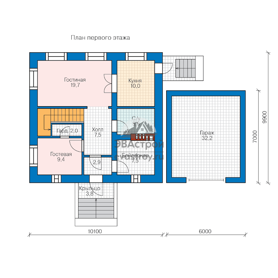 Планировка 1 этажа в доме 10х10