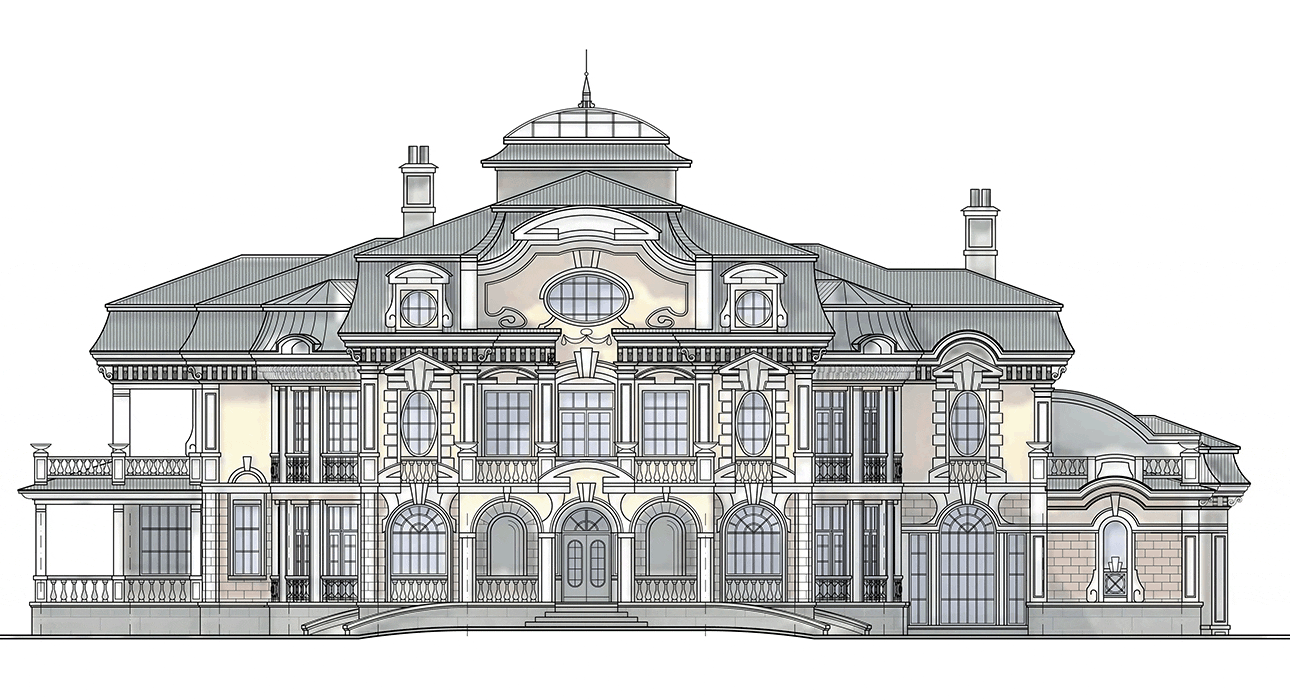 Проект узкого трехэтажного дома из кирпича в стиле барокко с цокольным этажом, тренажёрным залом и сауной, с площадью до 1300 кв м - EV-8