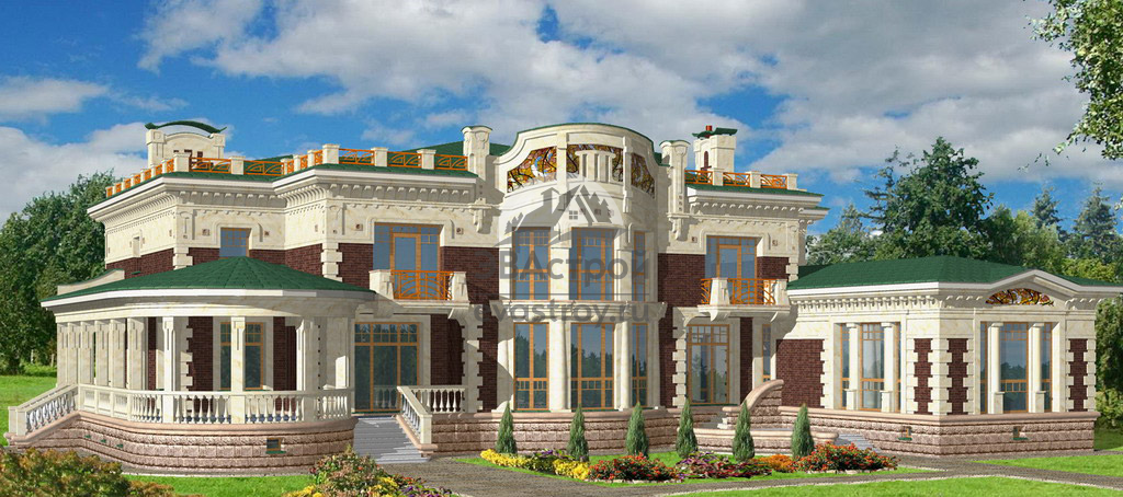 Проект трехэтажного дома из кирпича в стиле барокко с цокольным этажом и бассейном, с площадью до 900 кв м - EV-11