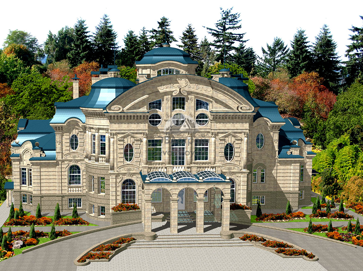 Проект четырехэтажного дома в стиле барокко с цокольным и мансардным этажом, сауной и бассейном, с размерами 36 м на 33 м - EV-13